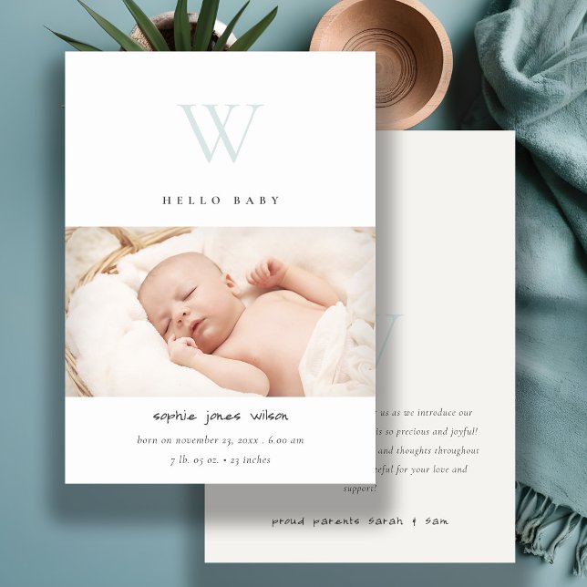 Blue Minimal Monogram Photo Birth Announcement (Creator Uploaded)