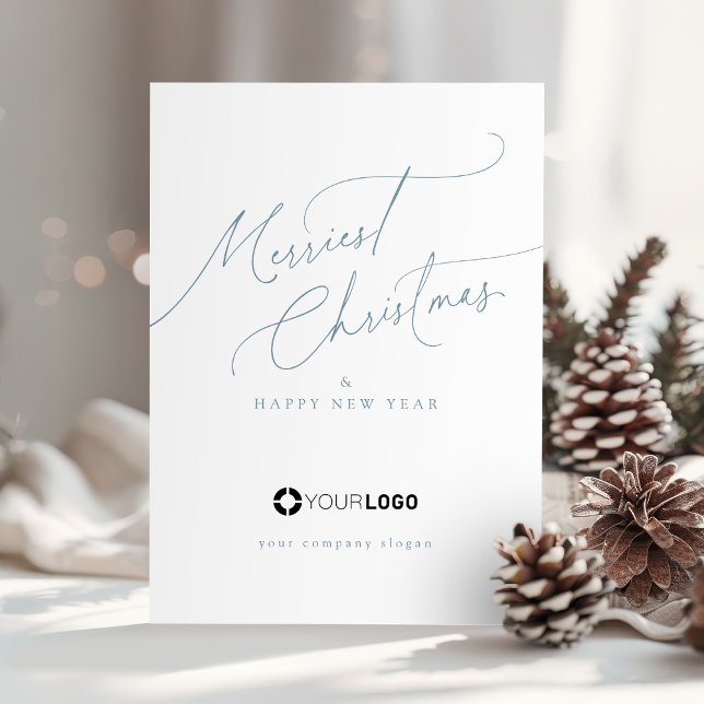 Blue Minimal Script Merriest Christmas Company Holiday Card (Blue Minimal Script Merriest Christmas Company Holiday Card)