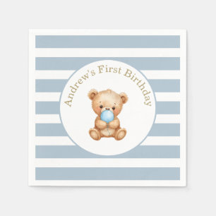 Blue Minimal Stripes Teddy Bear Birthday  Napkin