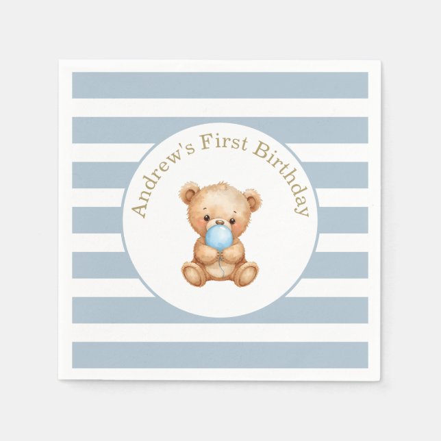 Blue Minimal Stripes Teddy Bear Birthday  Napkin (Front)