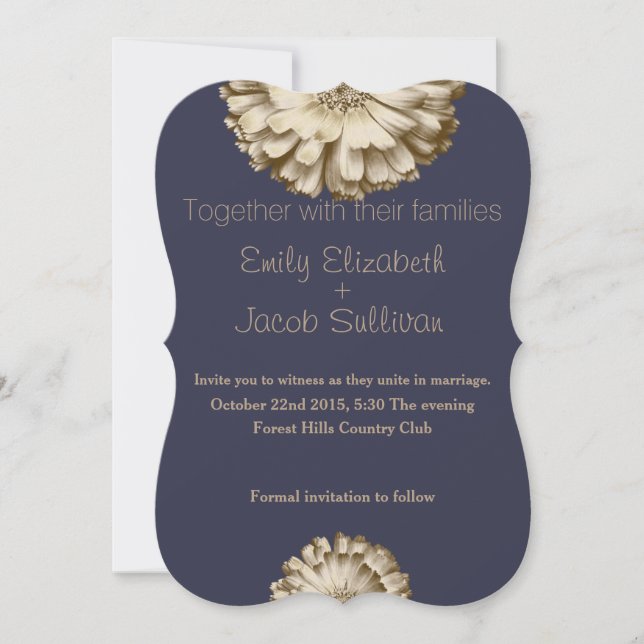 Blue Minimal with Gold Daisy Inspired Wedding Save The Date (Front)