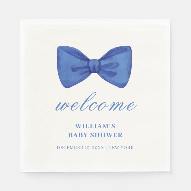 Blue Minimalist Bow Boy Baby Shower Welcome  Napkin (Front)
