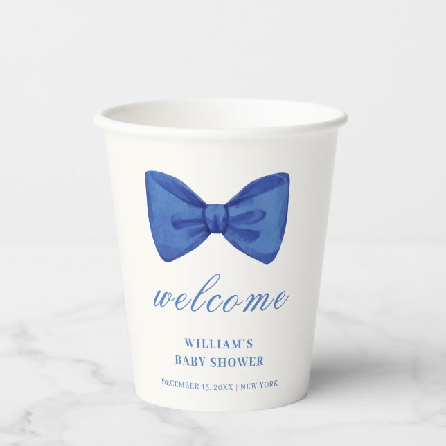 Blue Minimalist Bow Boy Baby Shower Welcome  Paper Cups (Front)