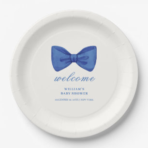 Blue Minimalist Bow Boy Baby Shower Welcome  Paper Plate