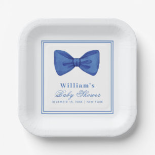 Blue Minimalist Bow Frame Baby Shower  Paper Plate