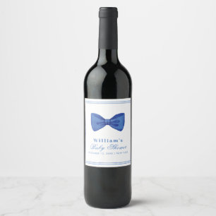 Blue Minimalist Bow Frame Baby Shower  Wine Label