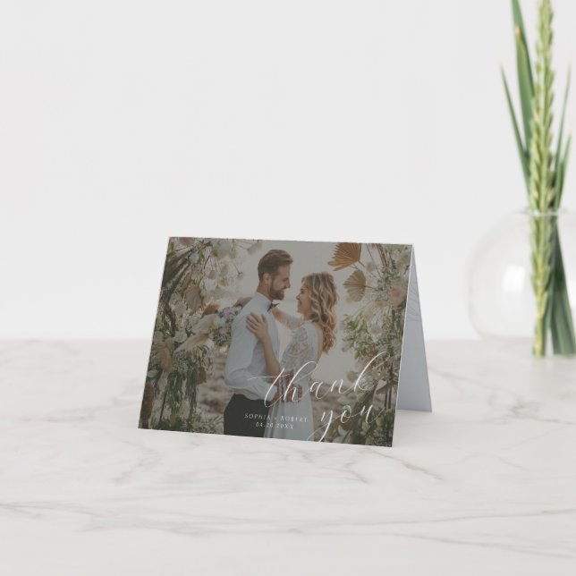 Blue | Minimalist Calligraphy Wedding Photo Thank You Card (Front)
