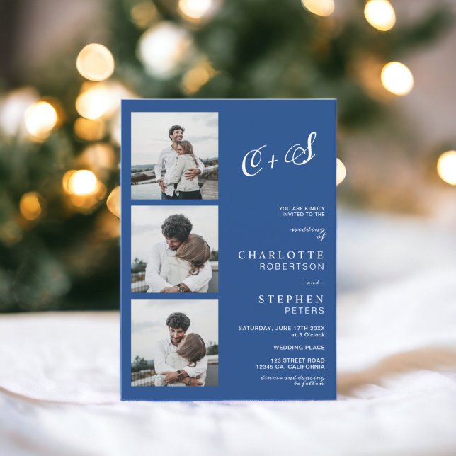 Blue minimalist casual initials photo wedding invitation (Blue minimalist casual initials photo wedding invitation)