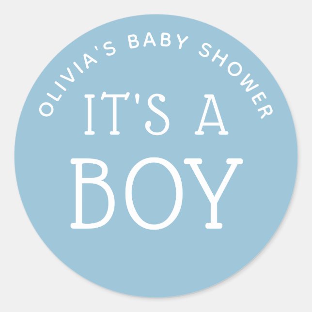 Blue Minimalist Favour Label. Its a Boy Baby Showe Classic Round Sticker (Front)