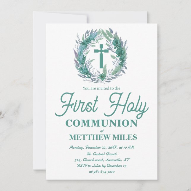 Blue Minimalist floral first catholic communion Invitation (Front)