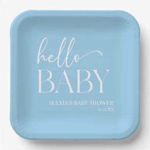 Blue Minimalist Hello Baby Baby Shower Paper Plate