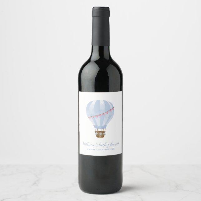 Blue Minimalist Hot Air Balloon Boy Baby Shower Wine Label (Front)
