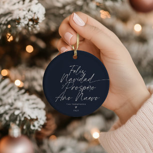 Blue Minimalist Modern Script Feliz Navidad Ceramic Ornament