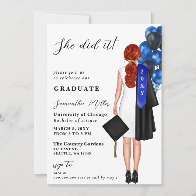 Blue Minimalist Photo She Did It Graduation Invitation (Front)