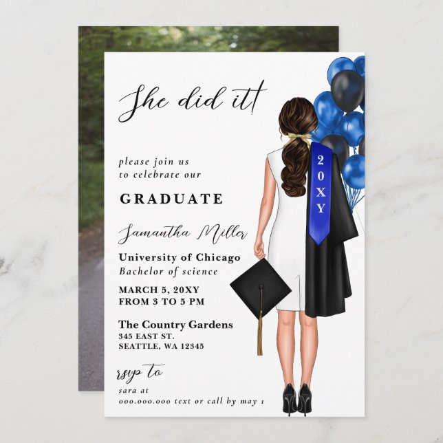 Blue Minimalist Photo She Did It Graduation Invitation (Front/Back)