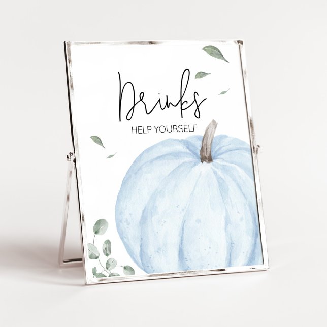 Blue Minimalist Pumpkin Baby Shower Drinks  Poster (Watercolor Pumpkin Baby Shower Drinks Sign)