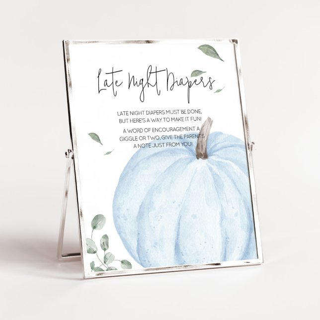Blue Minimalist Pumpkin Late Night Diapers Poster (Watercolor Pumpkin Baby Shower Late Night Diapers Sign)