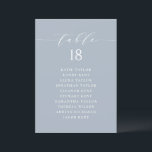 Blue Minimalist Script Seating Plan Table Number<br><div class="desc">Add a touch of charm to your event with our customizable table seating cards, designed with delightful whimsical script. Perfect for weddings, parties, or any special gathering, these cards will help guide your guests to their seats in style. Customize each dusty blue table seating card with guest names and table...</div>