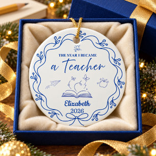 Blue Minimalist Teacher Christmas Custom Name Year Ceramic Ornament