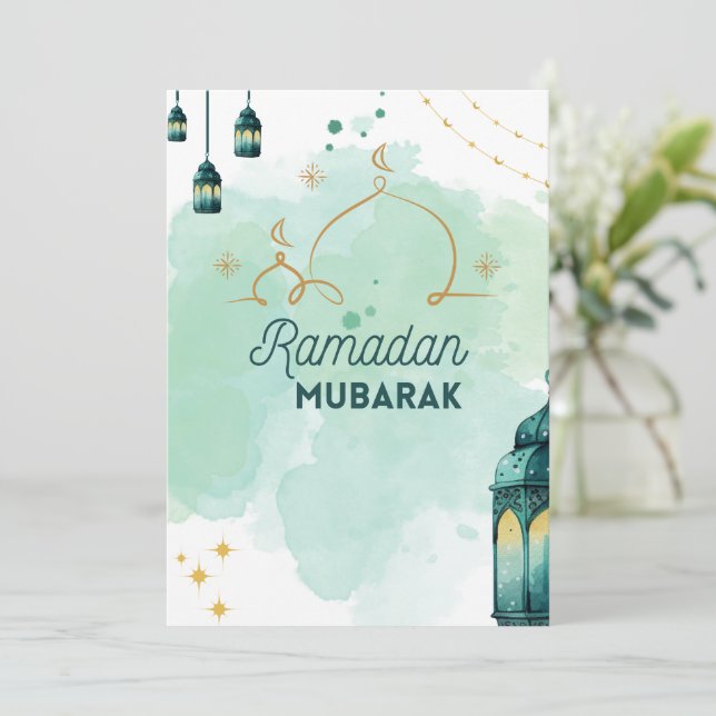 Blue Minimalist Watercolor Ramadan Mubarak Holiday Card (Standing Front)