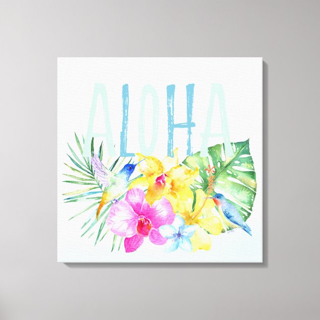 Blue Mint Aloha Floral Tropical Watercolor Canvas Print (Front)
