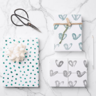 Blue Mint Glitter Dots Silver Hearts Wrapping Paper Sheet