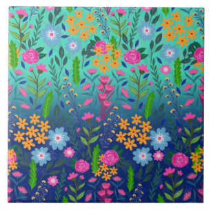 Blue Mint Gradient Garden Flowers Pretty Design Tile