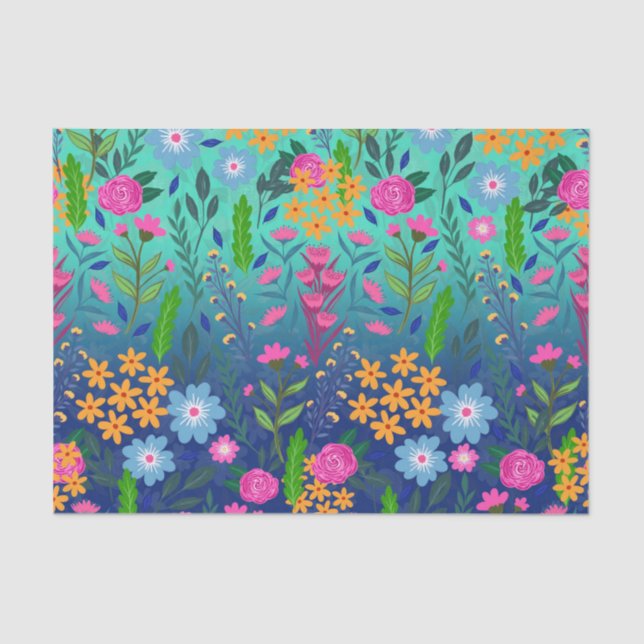 Blue Mint Gradient Garden Flowers Pretty Design Tissue Paper (Front)