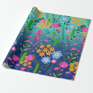 Blue Mint Gradient Garden Flowers Pretty Design Wrapping Paper