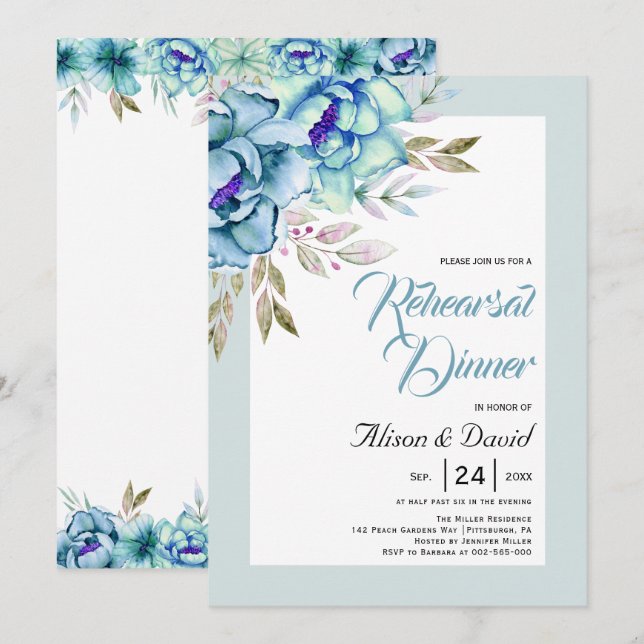 Blue, mint green flowers wedding rehearsal dinner invitation (Front/Back)