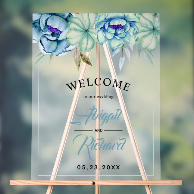 Blue mint green watercolor flowers frosted WELCOME Acrylic Sign (Neutral)