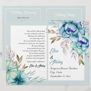 Blue mint green watercolor flowers wedding program