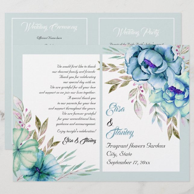 Blue mint green watercolor flowers wedding program (Front/Back)