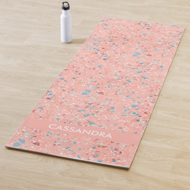 Blue Mint Green White Coral Red Pink Terrazzo Art Yoga Mat (In Situ)