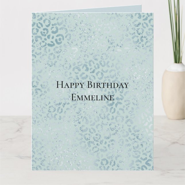 Blue Mint Leopard Print Glitter      Card (Front)