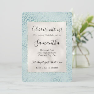 Blue Mint Leopard Print Glitter Invitation