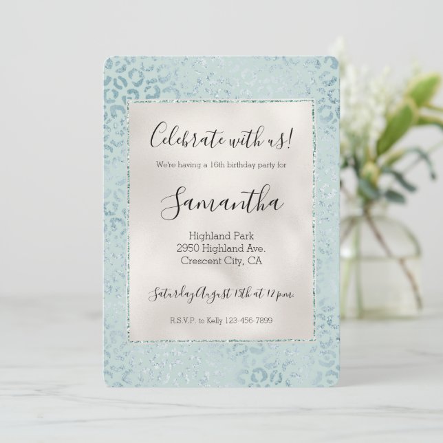 Blue Mint Leopard Print Glitter Invitation (Standing Front)