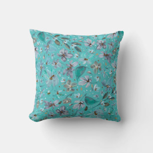 Blue Mint Magic Watercolor Boho Floral Throw Pillow