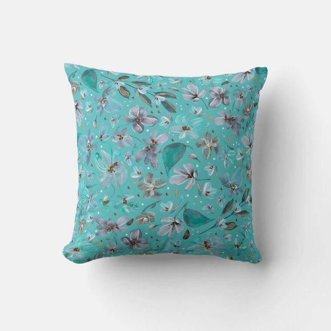 Blue Mint Magic Watercolor Boho Floral Throw Pillow (Front)