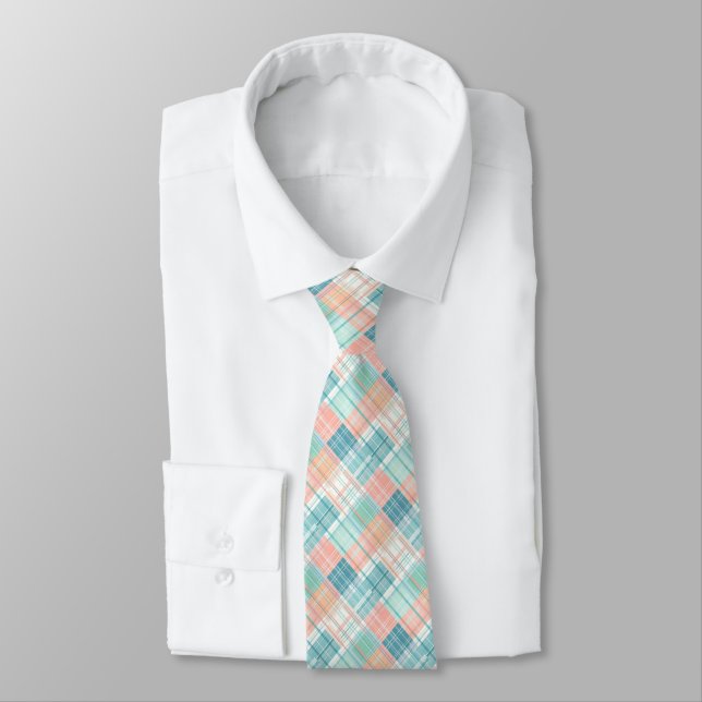 Blue, Mint, Peach & White Madras Plaid  Tie (Tied)