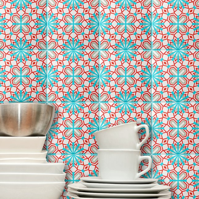 Blue Mint Red White Grey Mosaic Geometric Pattern Tile (Creator Uploaded)
