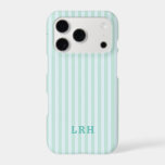 Blue Mint Stripe Vintage Tiny Initials Monogram<br><div class="desc">Fresh, airy, and effortlessly cool. This aqua blue and mint phone case brings a crisp pop of color without going loud. The soft aqua base paired with mint accents feels clean, coastal, and quietly elevated—like vintage resort wear meets modern minimalism. It’s playful but refined. Colorful but still grown. The kind...</div>
