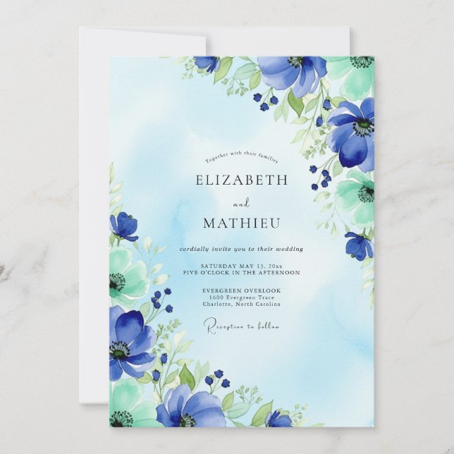 Blue Mint Watercolor Spring Wedding Invitation (Front)