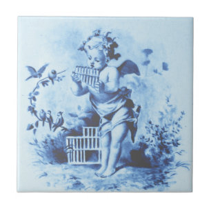 Blue Minton Cherub with Pan Pipes & Birds Repro Tile