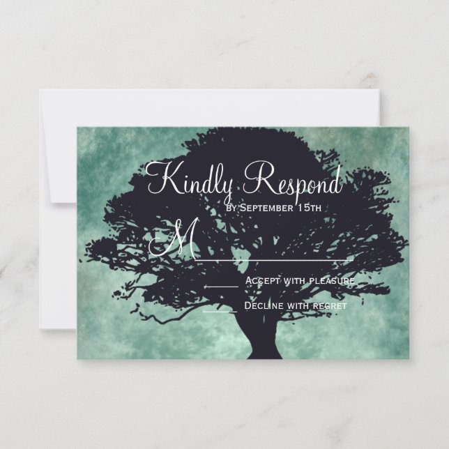 Blue Mist Oak Tree Silhouette Mariage RSVP Cartes (Devant)