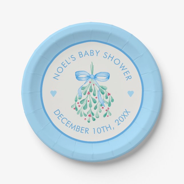 Blue Mistletoe Baby Shower Paper Plates (Front)