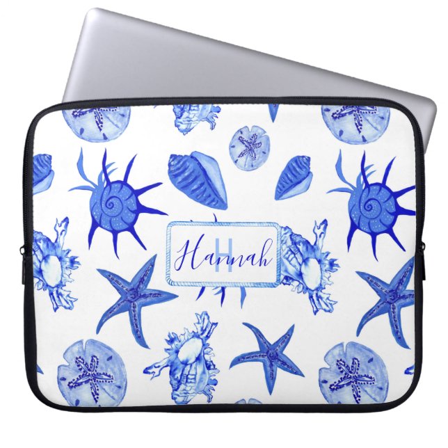 Blue mixed seashell pattern-custom monogram-name laptop sleeve (Front)