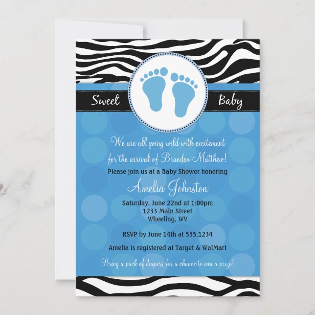 Blue Mod Zebra Imprimer Invitations De Douche Pour (Devant)