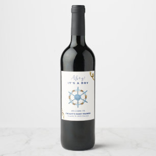 Blue Modern Ahoy Nautical Boy Baby Shower Wine Label