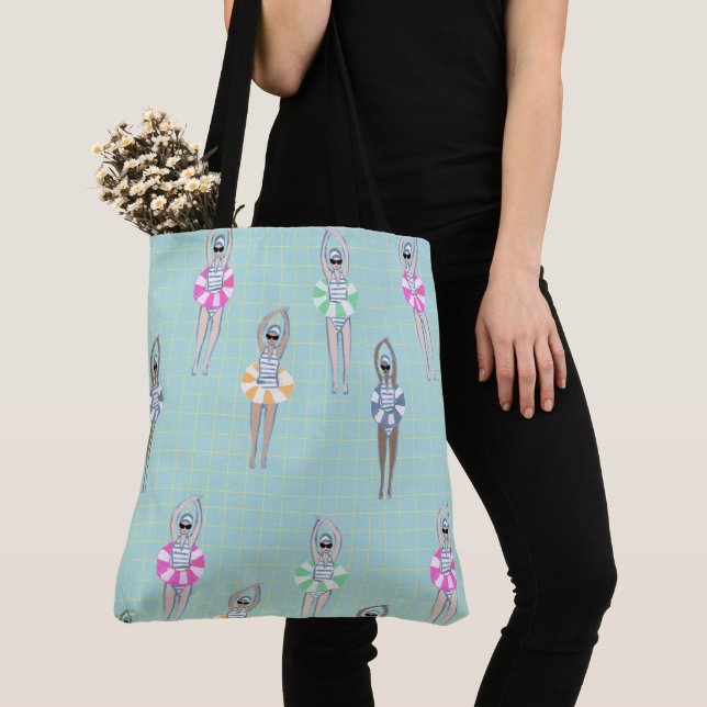 Blue Modern Artistic Swimmers Swimming Pool  Tote Bag (Close Up)